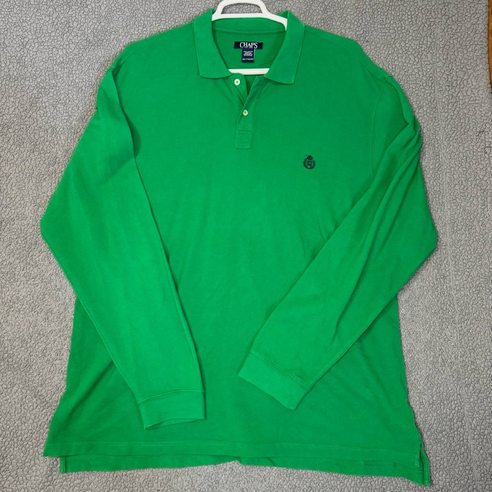 Men's Chaps Size XXL Green Polo Jersey Knit Long Sleeves Shirt Logo Collared 2XL